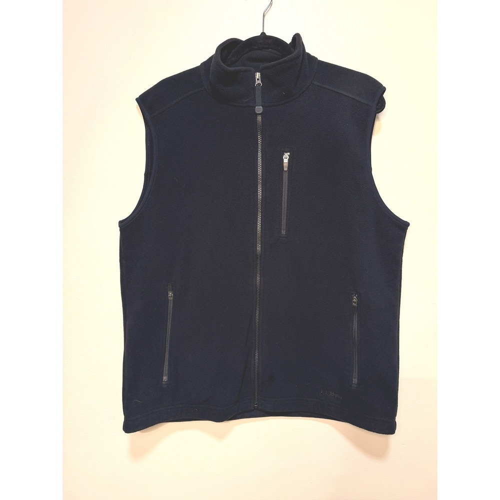 LL Bean Fleece Vest Medium Regular Full Zip Black Sleeveless Jacket Pockets